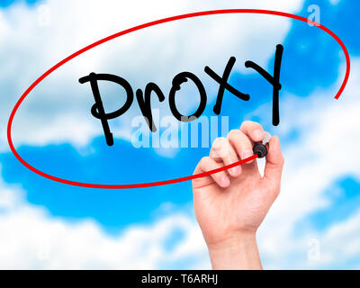 Man Hand writing Proxy with black marker on visual screen. Stock Photo