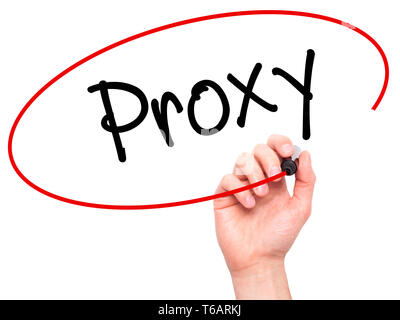 Man Hand writing Proxy with black marker on visual screen. Stock Photo