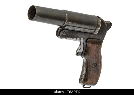 Old signal pistol, flare gun, isolated on white background Stock Photo