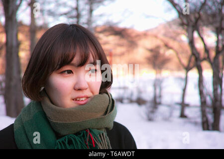 A pretty Japanese lady posing in front of Winter scenery, with copy space on the right Stock Photo