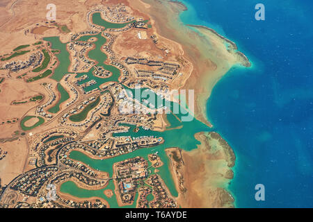 Aerial view of El Gouna a luxury Egyptian tourist resort located on the Red Sea 20 kilometres north of Hurghada. Stock Photo