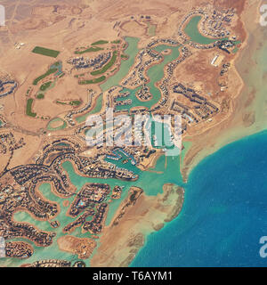 Aerial view of El Gouna a luxury Egyptian tourist resort located on the Red Sea 20 kilometres north of Hurghada. Stock Photo