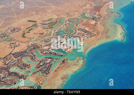 Aerial view of El Gouna a luxury Egyptian tourist resort located on the Red Sea 20 kilometres north of Hurghada. Stock Photo