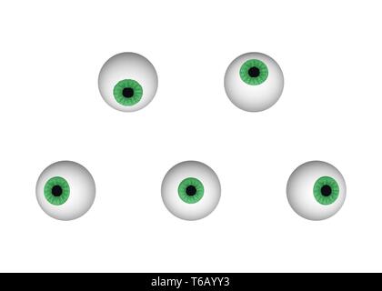 A set of eyeballs. Green human eye vector illustration. Looking right, down, up, right and left. Stock Vector