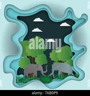 Paper carve to Landscape with elephant and tree In nature ecology idea abstract background, vector illustration Stock Vector