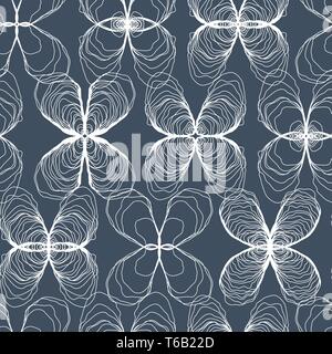 Hand Drawn Oyster Ornamental Seamless Line Pattern on Blue. Oyster Love Stock Vector