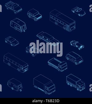 Set with contours of cars in isometry. Various types of cars from blue lines on a dark background. Vector illustration Stock Vector