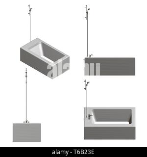 Set with bath and shower. Bath in different positions. 3D. Vector illustration Stock Vector