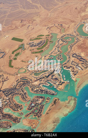 Aerial view of El Gouna a luxury Egyptian tourist resort located on the Red Sea 20 kilometres north of Hurghada. Stock Photo