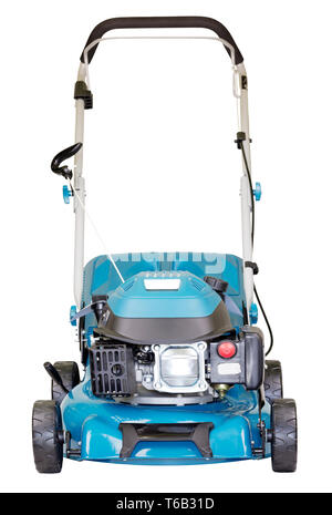 petrol mower on wheels turquoise color with bag grass collector, isolated on white background, high resolution, view of the facade Stock Photo