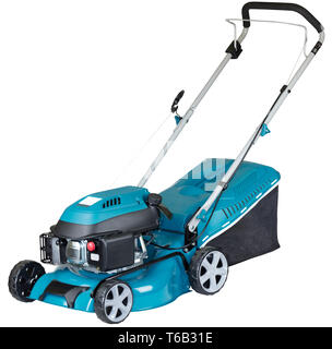 petrol mower on wheels turquoise colour with a bag of grass collector isolated on white background, high resolution, three quarters view Stock Photo