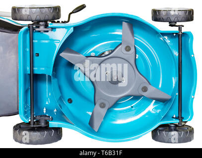 knives petrol mower on wheels turquoise color with bag grass collector isolated on white background, high resolution, bottom view Stock Photo
