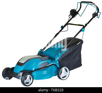 electric mower on wheels turquoise colour with a bag of grass collector isolated on white background, high resolution, three quarters view Stock Photo