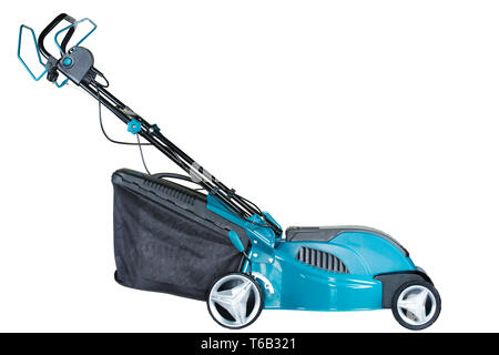 lawn mower electric on wheels turquoise colour with a bag of grass collector isolated on white background, high resolution, profile view Stock Photo