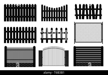 Collection Set of fences, pickets silhouettes for garden background. Vector Illustration Stock Vector