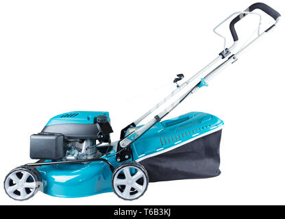 petrol mower on wheels turquoise colour with a bag of grass collector isolated on white background, high resolution, profile view Stock Photo