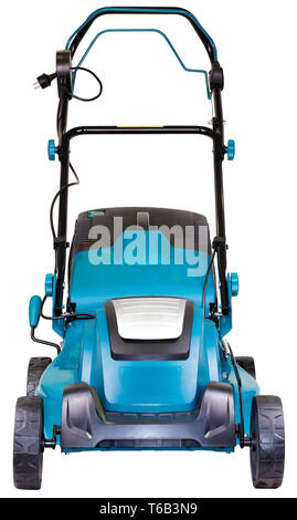 electric mower on wheels turquoise colour with a bag of grass collector isolated on white background, high resolution, facade view Stock Photo