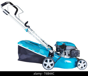 petrol mower on wheels turquoise colour with a bag of grass collector isolated on white background, high resolution, profile view Stock Photo