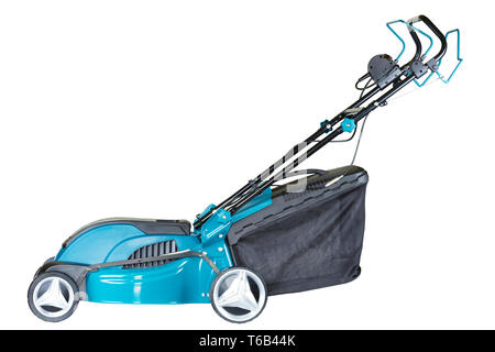 lawn mower electric on wheels turquoise colour with a bag of grass collector isolated on white background, high resolution, profile view Stock Photo