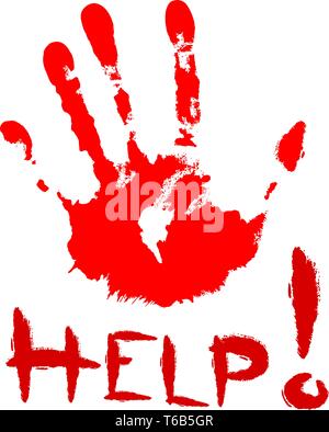 Red print of my hand on white background - help lettering Stock Vector