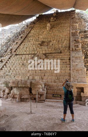 Copan Honduras Central America - tourist taking photo of the Hieroglyphic Stairway, an ancient Mayan monument, Copan UNESCO World Heritage site Stock Photo