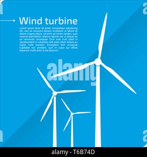 White wind turbines on blue background. Idea of energy and power. Vector illustration with place for text. Stock Vector