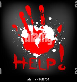 Red print of my hand on dark background - help lettering Stock Vector