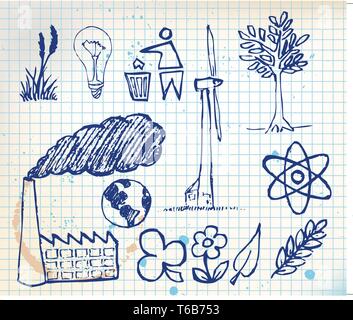 Set of ecology hand-drawn icons - doodles  on chequered paper (vector) Stock Vector