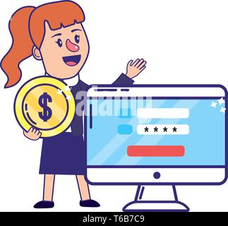 Businesswoman banking financial planning secure information password coin computer screen vector illustration graphic design Stock Vector