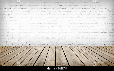 wood table over white brick wall background, template Stock Photo