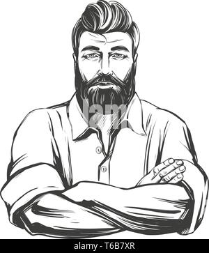 Bearded strong man hand drawn vector illustration realistic sketch Stock Vector