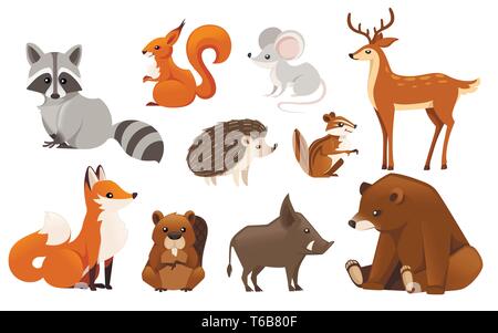 Forest animal set. Colored animal icon collection. Predatory and herbivorous mammals. Flat vector illustration isolated on white background. Stock Vector