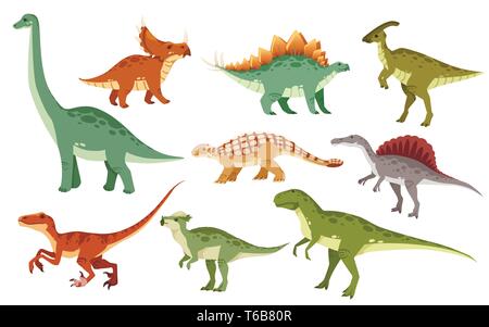 Cartoon dinosaur set. Cute dinosaurs icon collection. Colored predators and herbivores. Flat vector illustration isolated on white background. Stock Vector