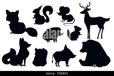 Forest animal set. Black silhouette animal icon collection. Predatory and herbivorous mammals. Flat vector illustration isolated on white background. Stock Vector