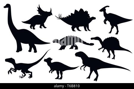 Cartoon dinosaur set. Cute dinosaurs icon collection. Black silhouette predators and herbivores. Flat vector illustration isolated on white background Stock Vector