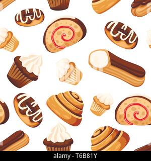 Seamless pattern. Sweet dessert pastry set. Collection of different types of cakes. Flat vector illustration on white background. Icon for bakery shop Stock Vector
