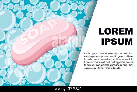 Pink soap bar with transparent bubbles. Flat vector illustration with place for text. Advertising flyer or greetings card design. Stock Vector