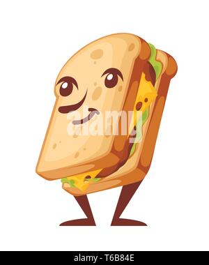 Sandwich with meat and vegetables. Food mascot. Cartoon character design. Flat vector illustration isolated on white background. Stock Vector