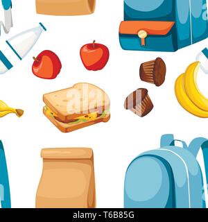Seamless pattern. School bag and Lunch paper bag with juice, apple and sandwich. Recycle brown paper bag. Flat vector illustration on white background Stock Vector