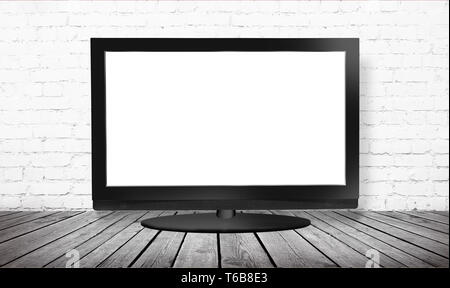 monitor on wooden table with clipping path Stock Photo