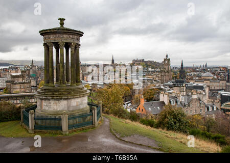 Dugald Stewart Monument and View Over Edinburgh towards the castle Stock Photo