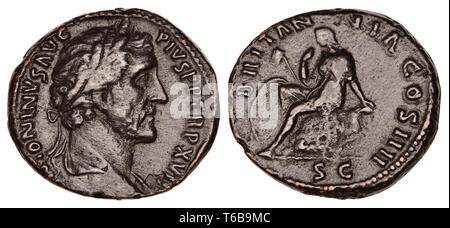 Roman Coin: Bronze Dupondius from the reign (AD138-161) of Antoninus Pius  (Replica) Stock Photo