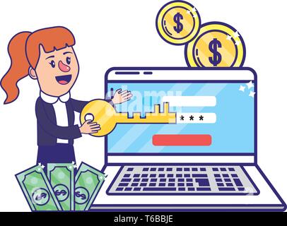 Businesswoman banking financial planning laptop secure information password vector illustration graphic design Stock Vector