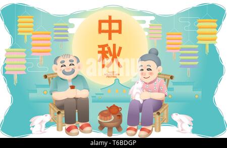 Oriental senior couple celebrating Mid Autumn Festivals. Chinese word means happy Mid Autumn Festival. Stock Vector