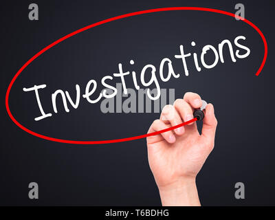 Man Hand writing Investigations with black marker on visual screen ...