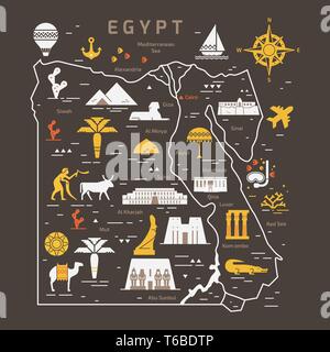 Outline and silhouette map of Egypt - vector illustration hand drawn with black lines, isolated on background with icons symbols attractions of Egypt. Stock Vector