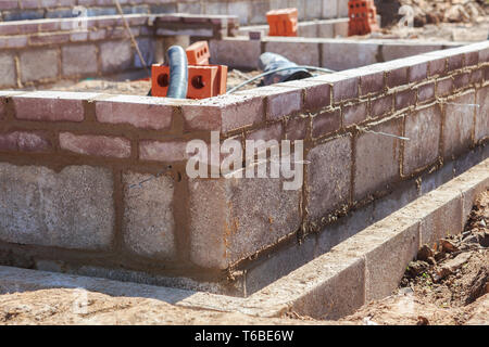 Foundation work of the house, blockwork, selective focus Stock Photo