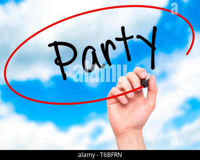 Man Hand writing Party with black marker on visual screen Stock Photo