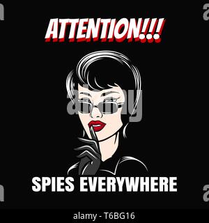 Woman in black glasses and gloves with finger showing hush silence sign and Spies Everywhere wording. Vector illustration. Stock Vector