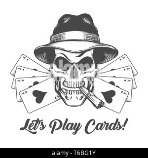 Human Skull in Gangster Hat with double set of Aces and Wording Lets play Cards. Vector illustration. Stock Vector